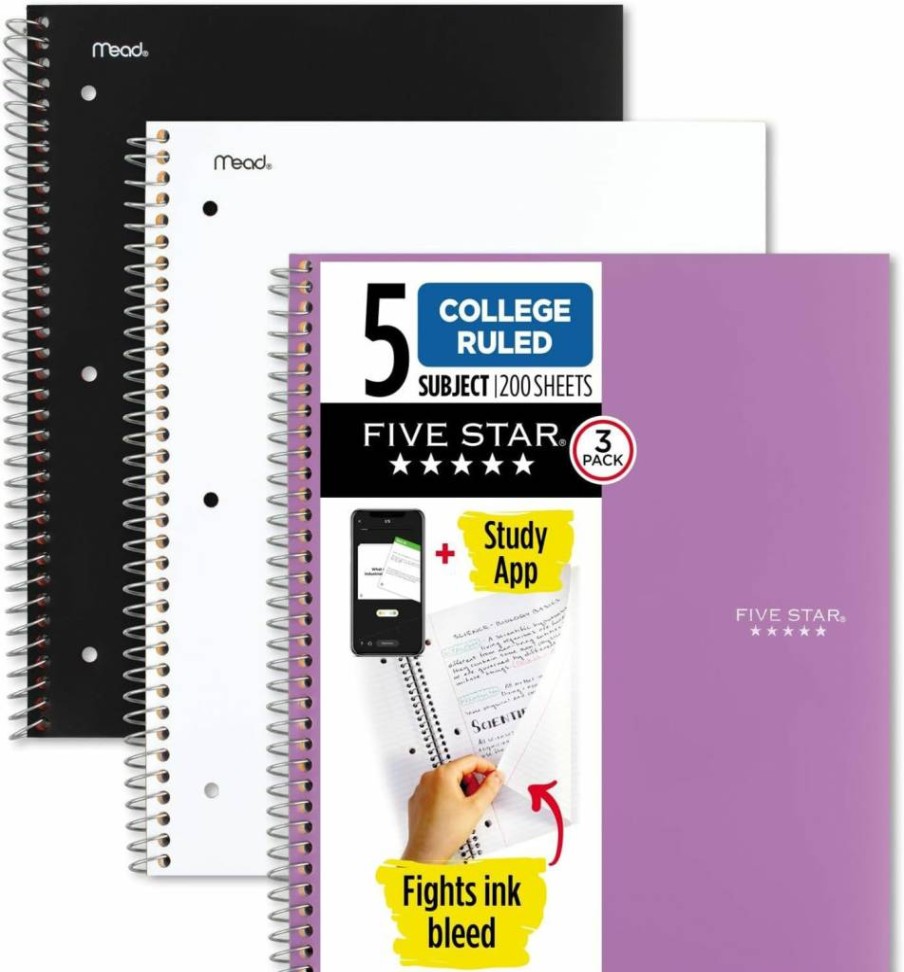 Five Star 3-Pack Spiral Notebooks with Study App, 5 Subject College Ruled, 200 Sheets, 11" x 8.5", Wired - Black, White, Amethyst Purple (38500) for School & College