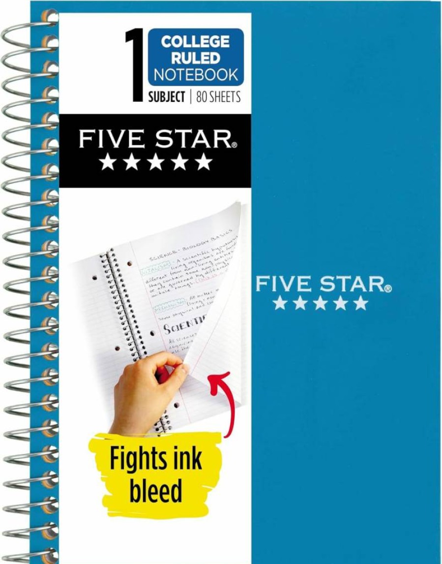Five Star Spiral Notebook 1 Subject, College Ruled, 80 Sheets, 4.375" x 7", Tidewater Blue, Water Resistant Cover, Ink Bleed Protection