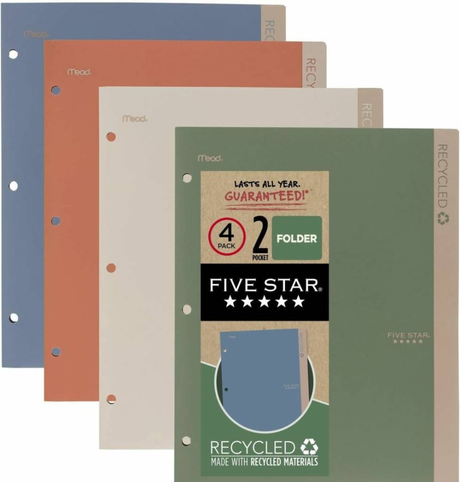Five Star 4-Pack Recycled Plastic 2-Pocket Folders with Prong Fasteners, Stay-Put Tabs, Writable Labels - Fits 3-Ring Binder, Holds Letter Size Paper (Clay, Green, Blue, Gray) 33002