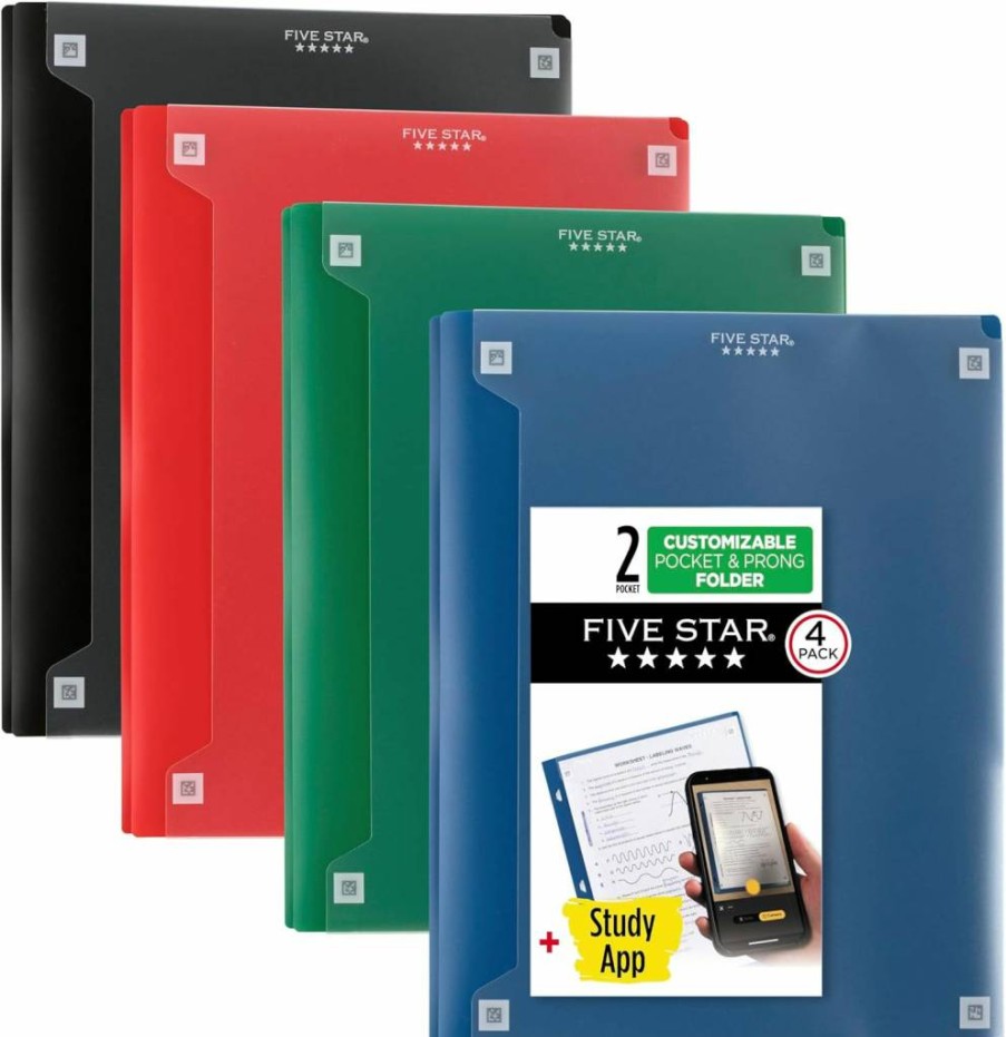 Five Star 4-Pack 2-Pocket Folders with Prong Fasteners, Customizable Clear Cover, Study App Access, Holds Letter Size Paper, Black, Blue, Red, Green (340220A-Ecm)