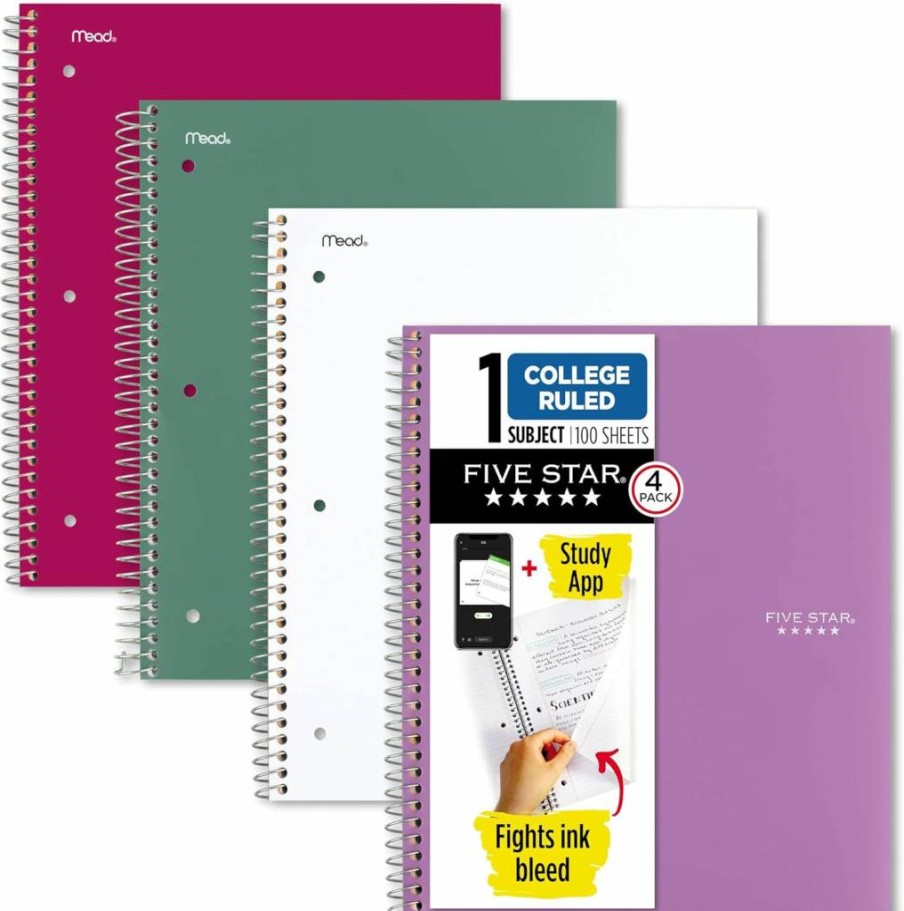 Five Star Spiral Notebook 4-Pack: 1-Subject College Ruled, 8.5" x 11", 100 Sheets per Notebook, Assorted Colors (Purple, Pink, White, Green) with Free Study App