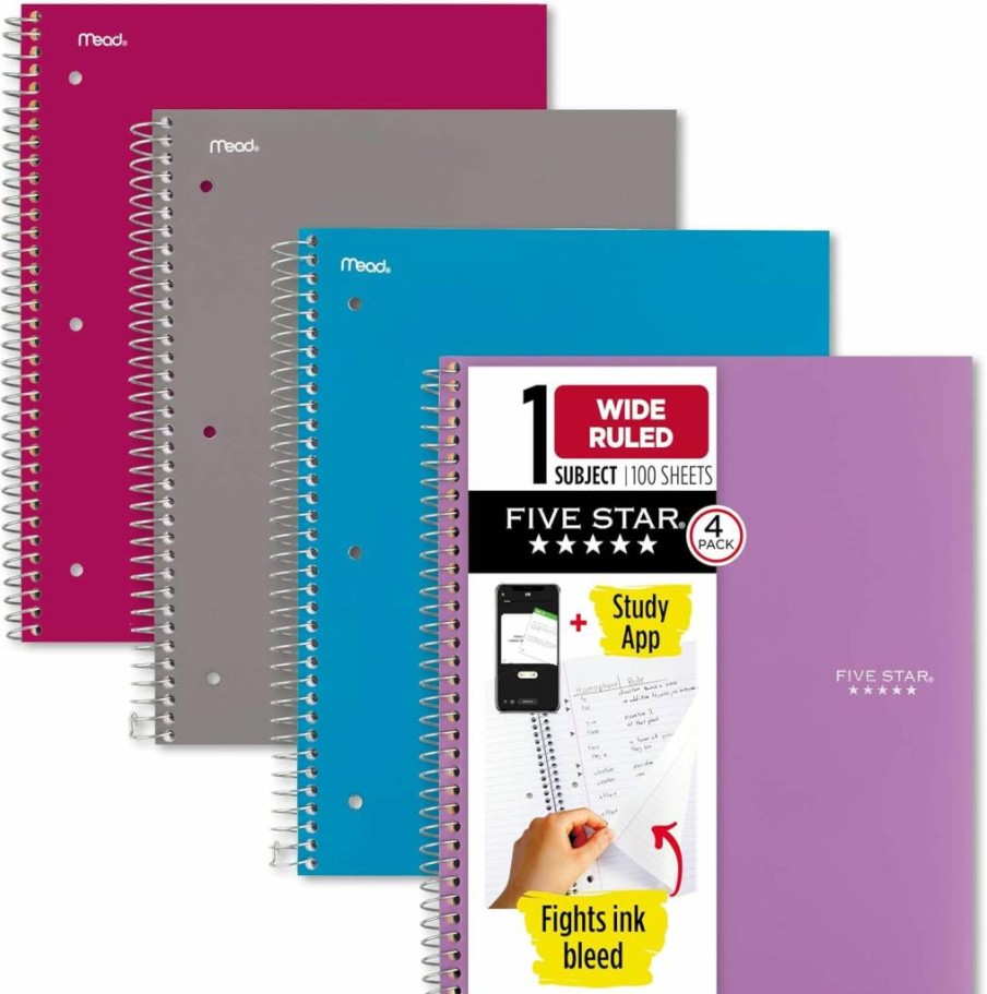 Five Star Spiral Notebook 4-Pack, 1 Subject Wide Ruled, 10.5" x 8", 100 Sheets per Notebook, Assorted Colors (Amethyst, Pink, Gray, Blue) with Free Study App