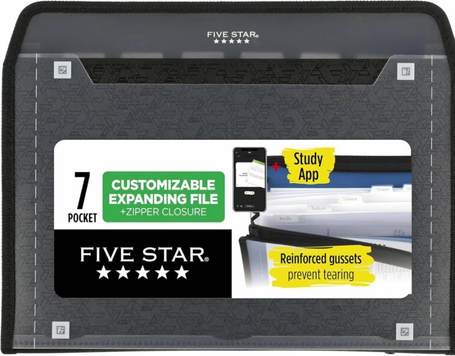 Five Star 7-Pocket Expanding File Organizer with Zipper Closure, Black Accordion Folder for 8.5x11 Papers, Includes Study App (Model 72709)
