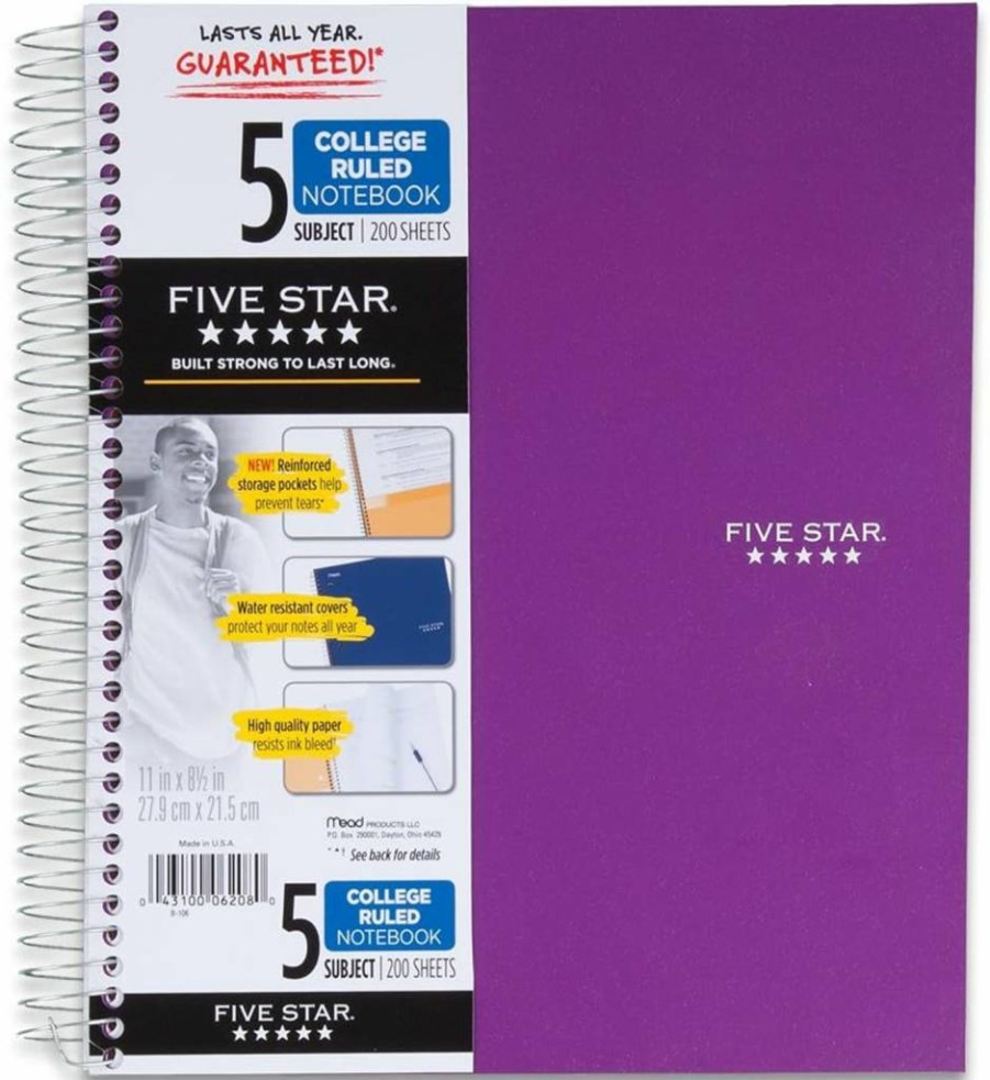 Five Star Spiral Notebook 6-Pack, 5 Subject College Ruled, 200 Sheets per Notebook, 8.5" x 11", Ink Bleed-Resistant Paper, Water-Resistant Cover, Assorted Colors (73793) with Free Study App