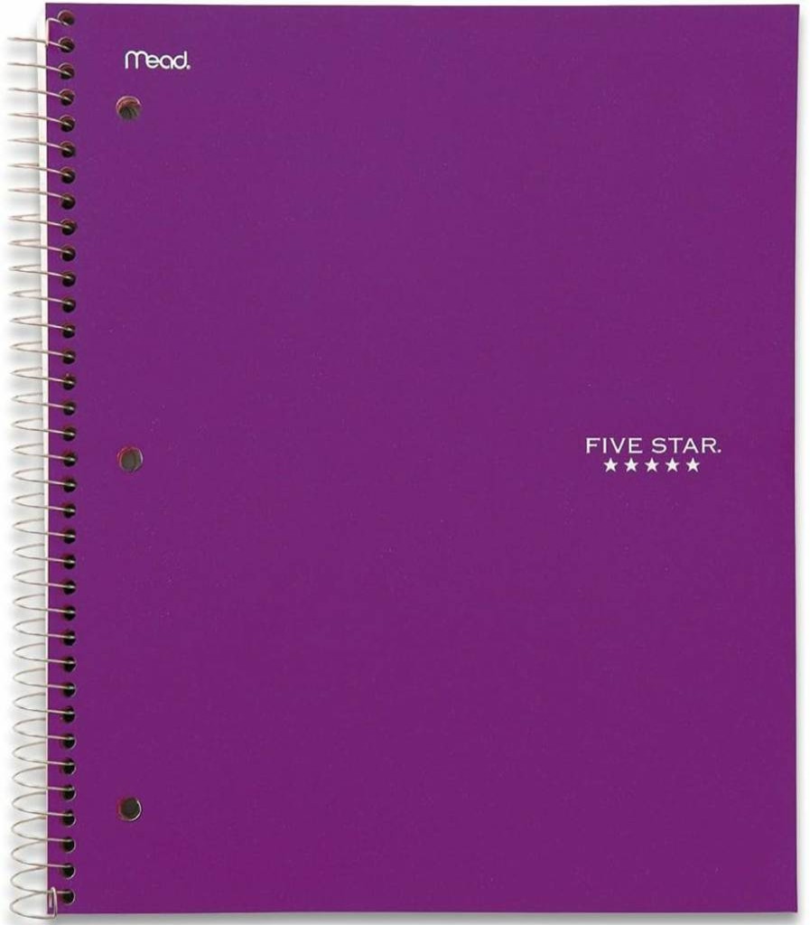Five Star Spiral Notebook 6-Pack, 5 Subject College Ruled, 200 Sheets per Notebook, 8.5" x 11", Ink Bleed-Resistant Paper, Water-Resistant Cover, Assorted Colors (73793) with Free Study App