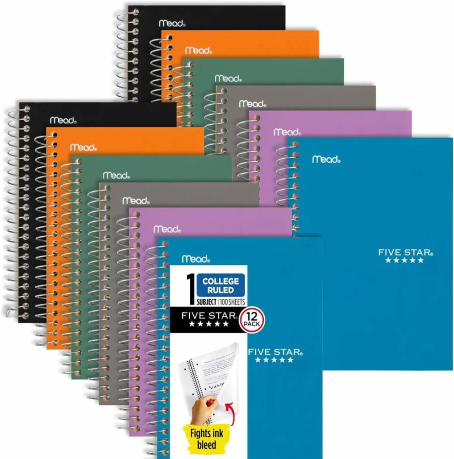 Five Star Spiral Notebook 12 Pack, 1 Subject College Ruled, 7" x 4.5" Personal Size, 80 Sheets per Notebook, 6 Colors - Purple, Orange, Green, Blue, Gray, Black (450048B-ECM)