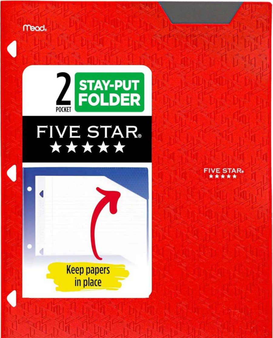 Five Star 2-Pocket Plastic Folder with Stay-Put Tabs, 3-Ring Binder Compatible, Holds Letter Size Paper 8.5 x 11 Inches, Black (333420G-ECM)