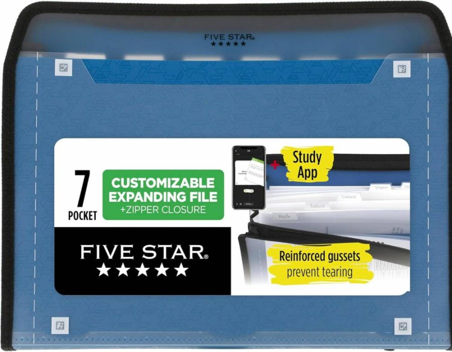 Five Star 7-Pocket Expanding File Organizer with Zipper Closure, Accordion Folder for 8.5 x 11 Papers, Pacific Blue Document Holder, Includes Study App (350099B-Ecm)