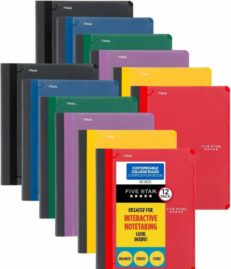 Five Star 6-Pack College Ruled Composition Notebooks, 1-Subject 9x11 Inch 100-Sheet Notebook, Customizable Assorted Colors (38612) Interactive Notetaking Book