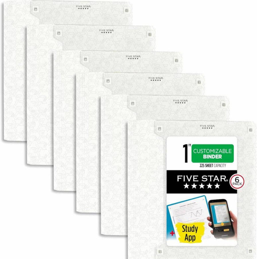 Five Star 6-Pack 1.5-Inch 3-Ring Binder with D-Rings, Clear View Cover & Study App, 375 Sheet Capacity, White (261460B-Ecm)