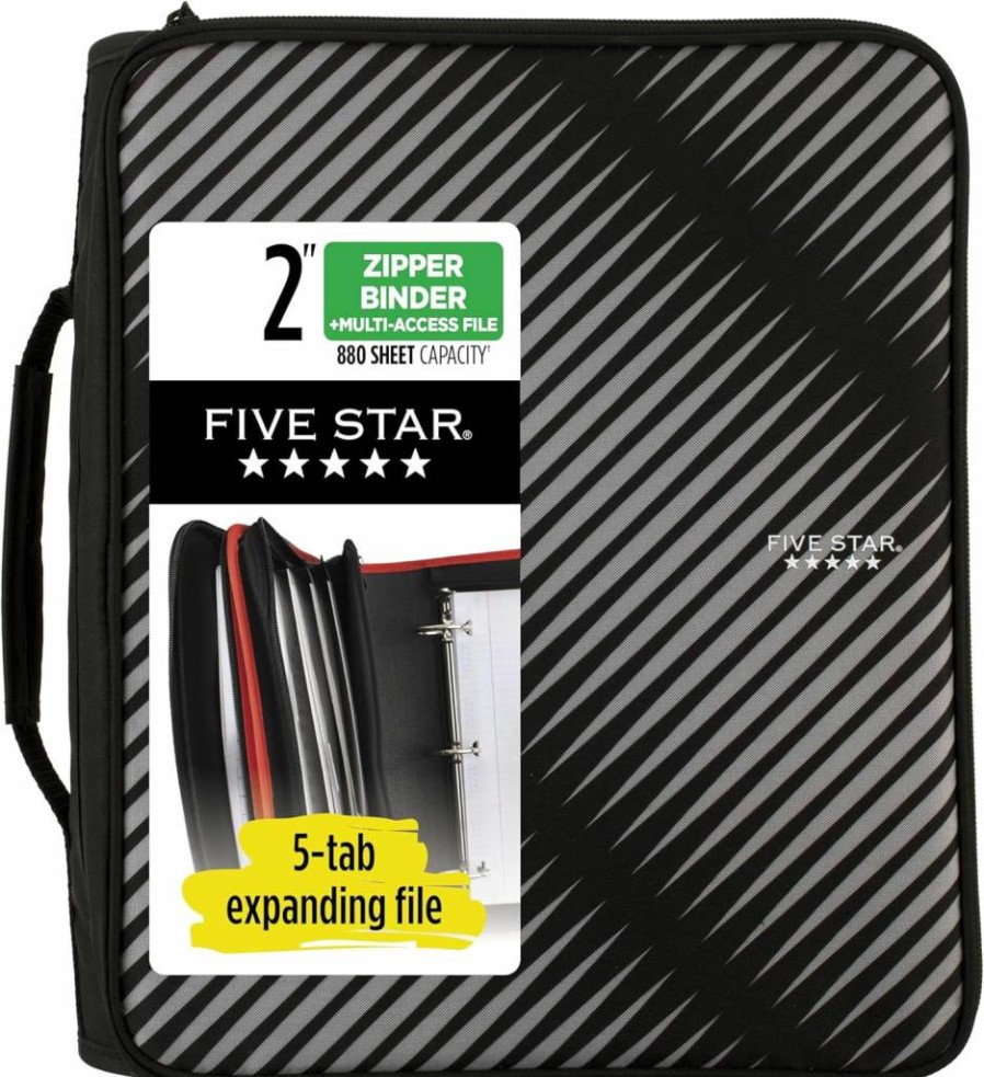 Five Star 2 Inch 3-Ring Binder with Round Rings, 5-Tab Expanding File Organizer, 380 Sheet Capacity, Black Zipper Binder (72536)