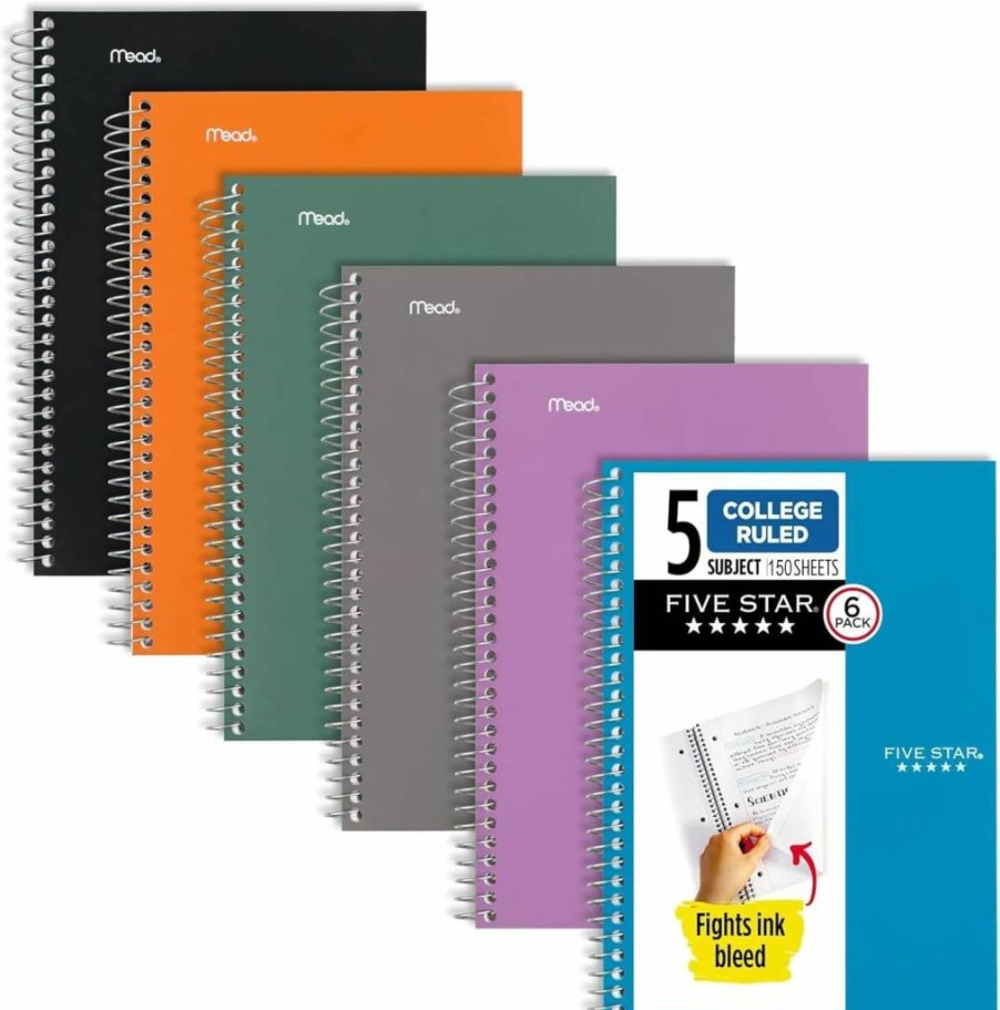 Five Star Spiral Notebook 6 Pack, 5 Subject College Ruled, 9.5" x 6", 150 Sheets per Notebook, Assorted Colors (Amethyst Purple, Sedona Orange, Seaglass Green, Tidewater Blue, Gray, Black) - 840030A-ECM