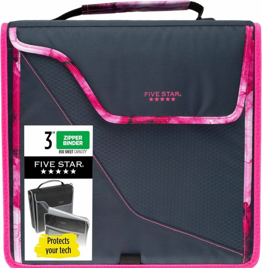 Five Star 3 Inch Zipper Binder with D-Rings, Removable Padded Case, 5-Tab Expanding File, Multi-Use Strap, 850 Sheet Capacity - Olive/Citrus (292960C)