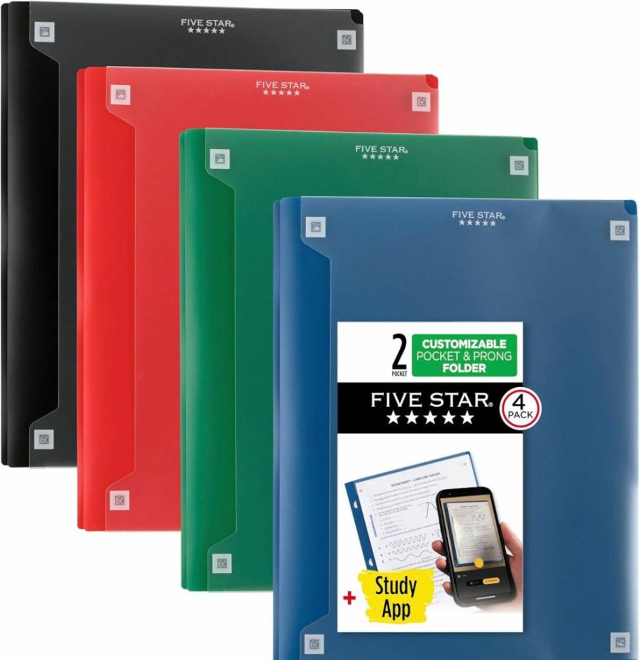Five Star 4-Pack Pocket Folders with Prong Fasteners - Customizable Covers, Study App Included (White, Purple, Yellow, Blue) - Durable School & Office Supplies