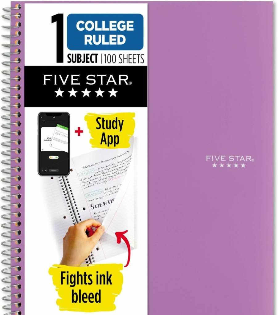 Five Star 1 Subject Spiral Notebook with College Ruled Paper, 100 Sheets, 8.5" x 11", Includes Study App, Black (72057) for School & College