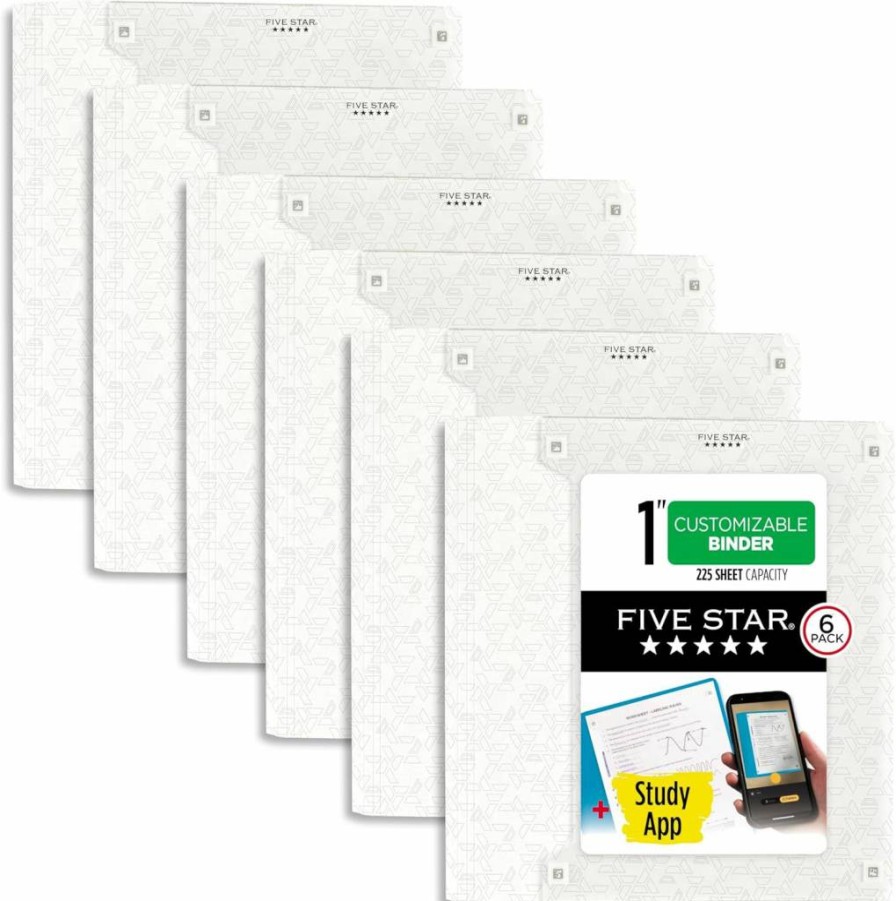 Five Star 6-Pack 1-Inch 3-Ring Binders with D-Rings, Clear View Covers & Free Study App, Holds 225 Sheets, White (261440B-ECM) – Durable School & Office Supplies