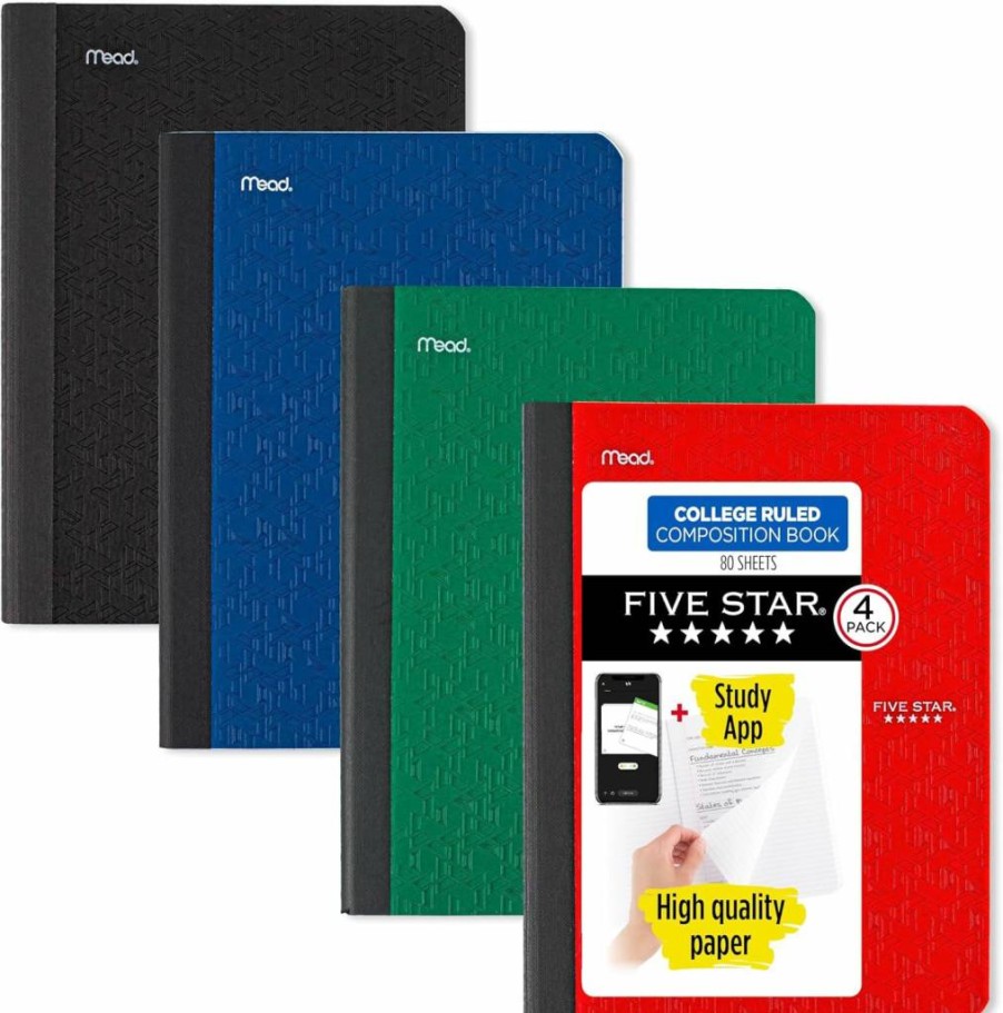 Five Star Composition Notebook 4-Pack with Study App, College Ruled, 7.5" x 9.75", 80 Sheets per Book, 4 Colors (Forest Green, Pacific Blue, Fire Red, Black) - 850065B-ECM
