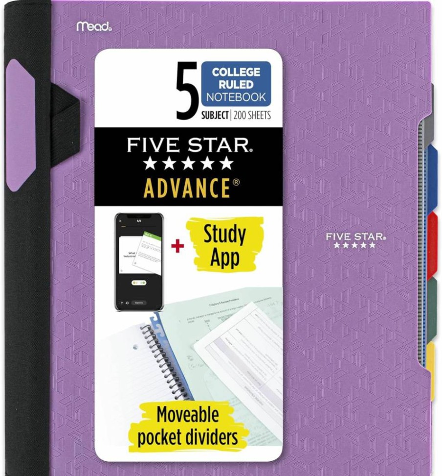 Five Star 5 Subject Spiral Notebook with Study App, College Ruled, 8.5" x 11", 200 Sheets, Movable Tabs & Spiral Guard, Purple (820013G)