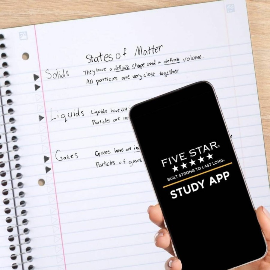 Five Star 5 Subject Spiral Notebook with Study App, 8" x 10.5" Wide Ruled, 200 Sheets, Ink Bleed Resistant & Waterproof Cover, Black (72045)