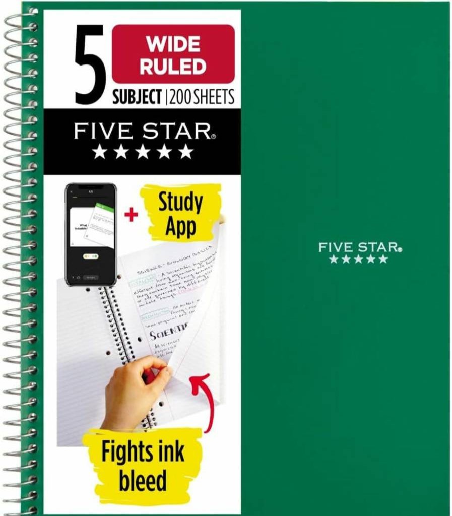 Five Star 5 Subject Spiral Notebook with Study App, 8" x 10.5" Wide Ruled, 200 Sheets, Ink Bleed Resistant & Waterproof Cover, Fire Red (72041)