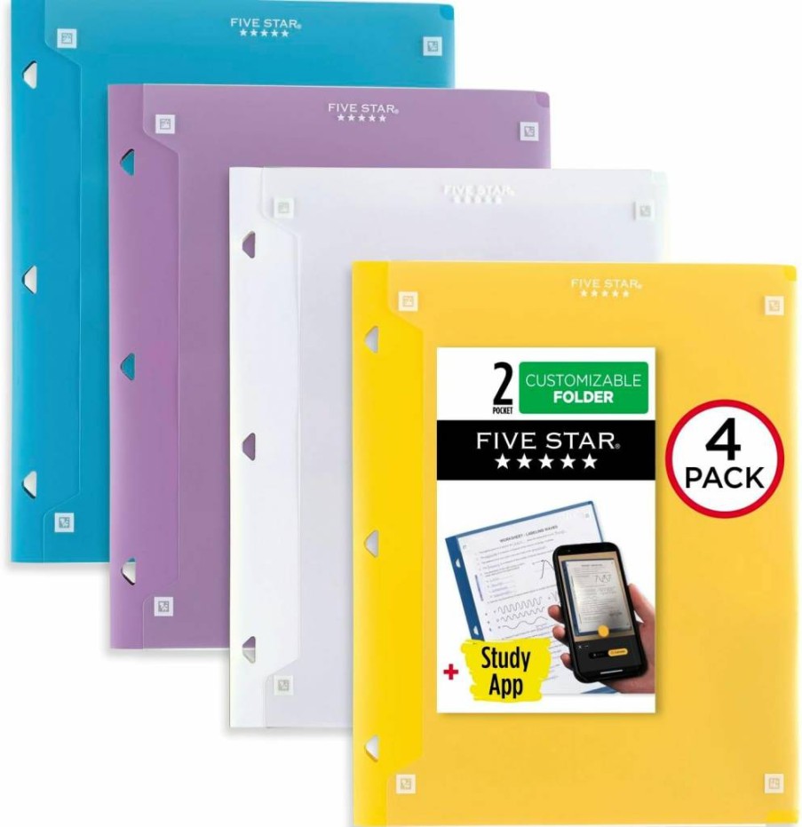 Five Star 4-Pack Customizable 2-Pocket Folders with Study App, Fits 3-Ring Binder, Assorted Colors (White, Purple, Yellow, Blue) - 330092B-ECM
