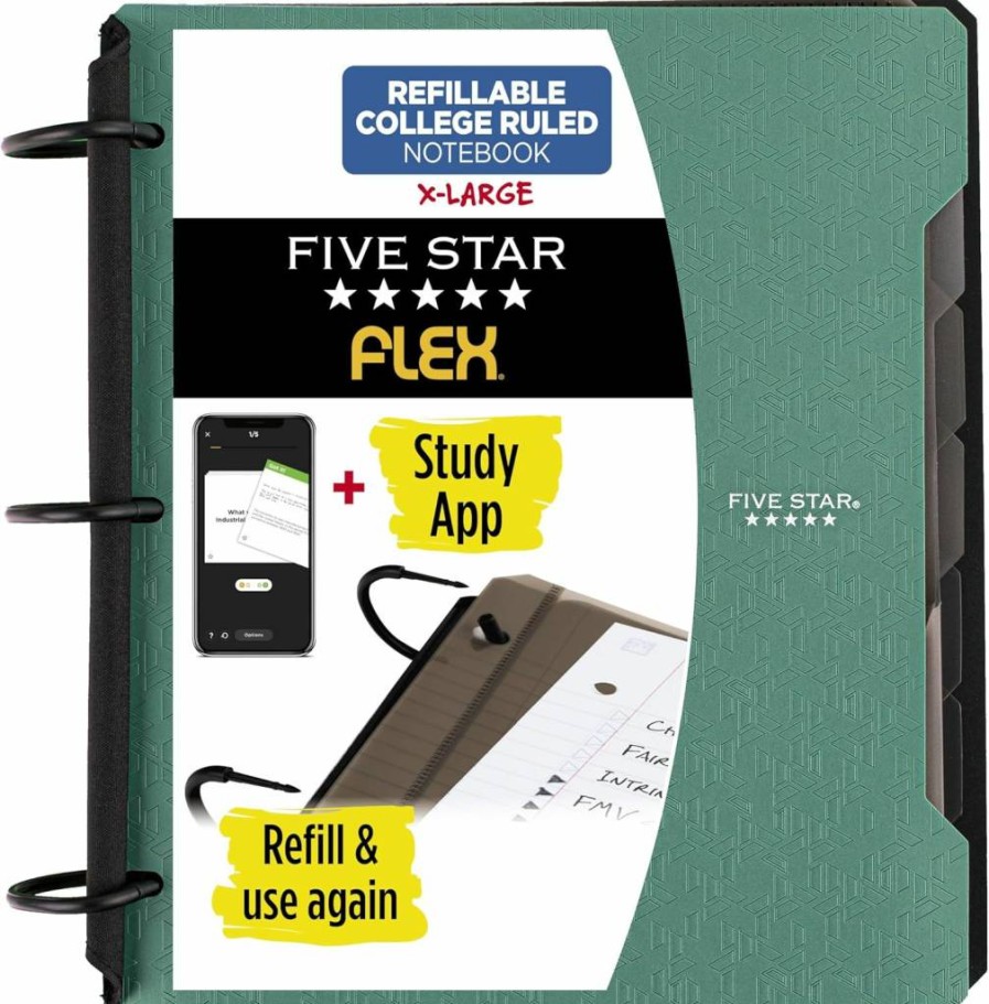 Five Star Flex Refillable Notebook with Study App - 1.5" Techlock Binder, College Ruled, 300 Sheets, Seaglass Green, Includes Pockets, Tabs & Dividers (29324Aq8)