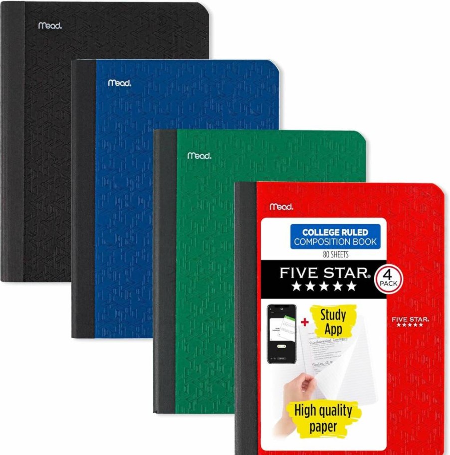 Five Star Composition Notebook 4-Pack with Study App, Wide Ruled, 7.5" x 9.75", 80 Sheets per Book, 4 Colors (Forest Green, Tidewater Blue, Fire Red, Harvest Yellow)