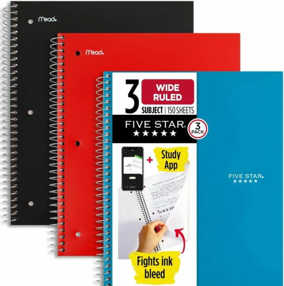 Five Star 3-Pack Spiral Notebooks with Study App, 3-Subject Wide Ruled Paper, 8" x 10.5", Tidewater Blue, Fire Red & Black (930081) College School Supplies