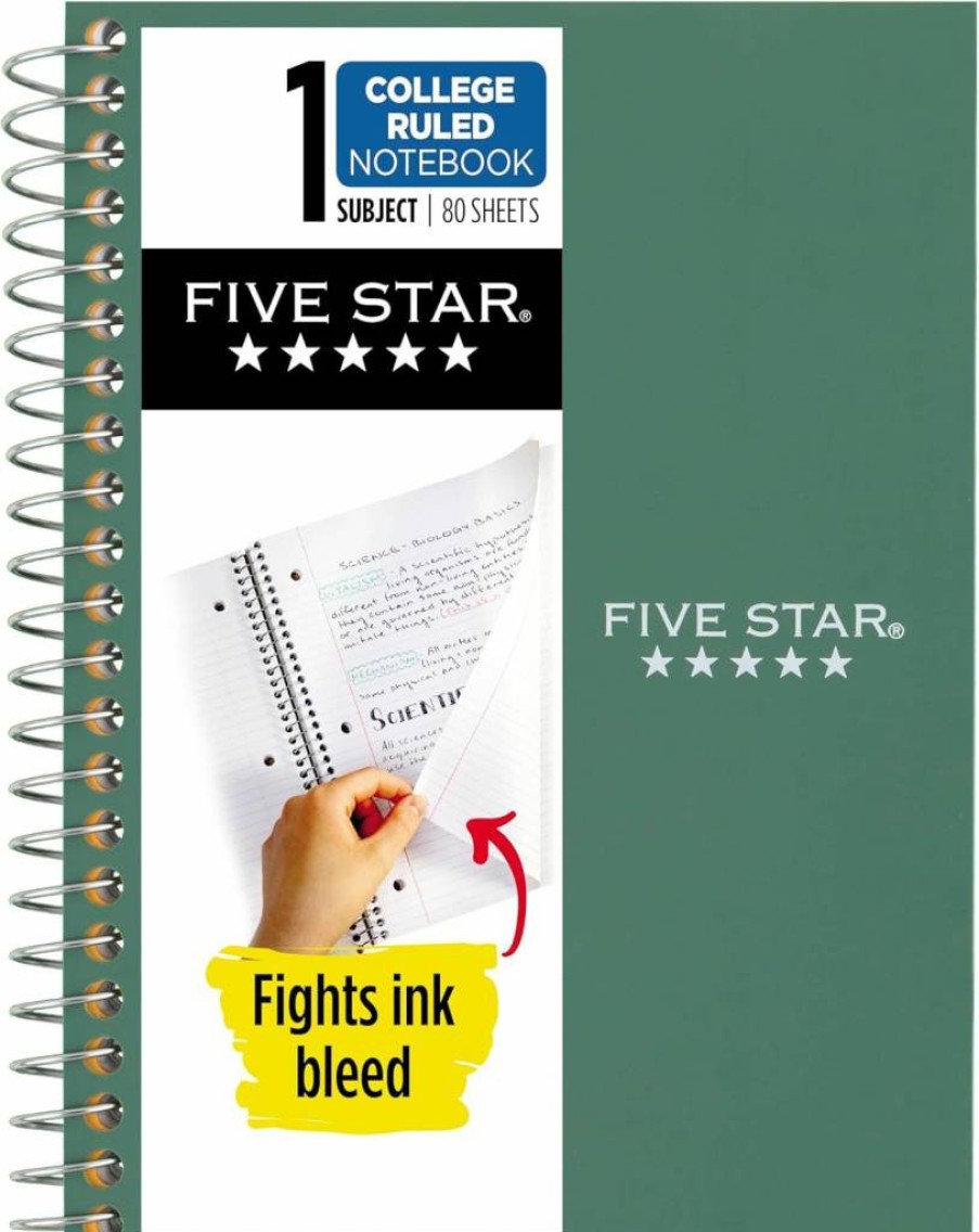 Five Star Spiral Notebook, 1 Subject College Ruled, 4.375" x 7" Personal Size, 80 Sheets, Ink Bleed Resistant & Water Resistant Cover, Seaglass Green (450048Ch1-Ecm)