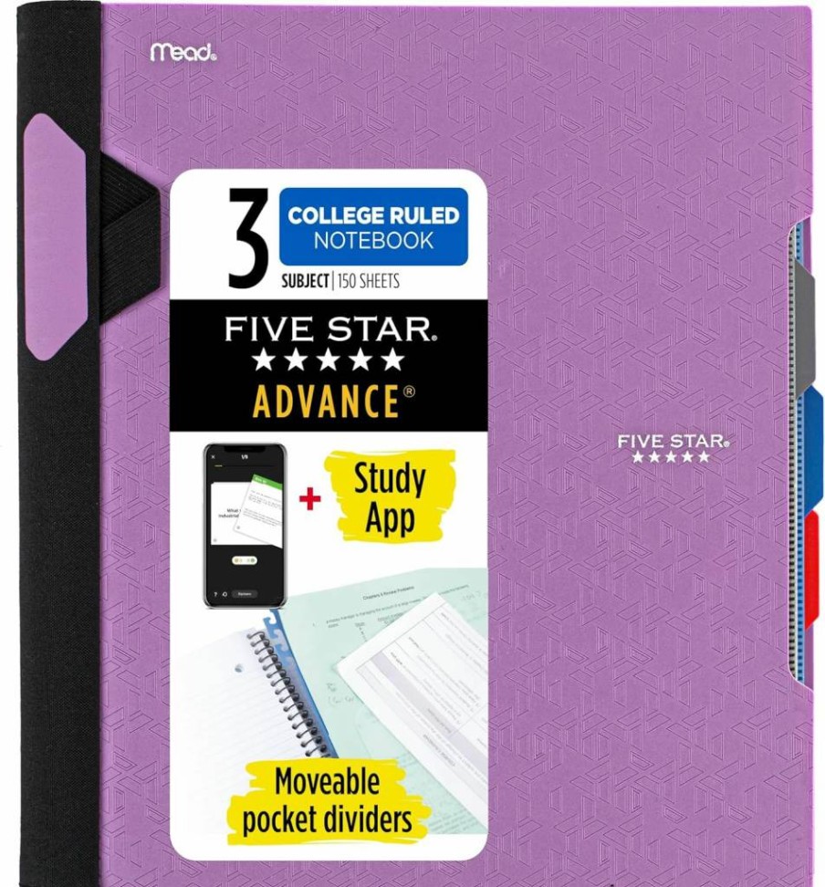 Five Star Advance Spiral Notebook with Study App - 3 Subject, College Ruled, 8.5" x 11", 150 Sheets, Spiral Guard, Movable Tabs, Amethyst Purple (820060G)