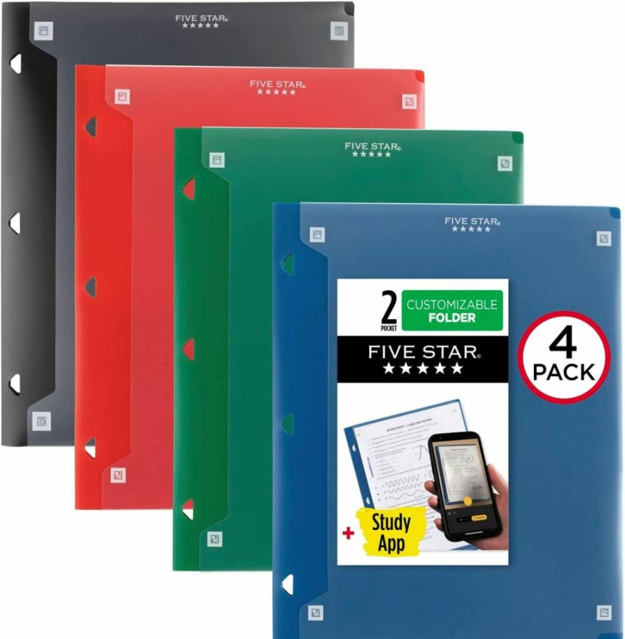 Five Star 4-Pack Customizable Pocket Folders with Study App, 2-Pocket Design, Fits 3-Ring Binder, Assorted Colors (Black, Pacific Blue, Fire Red, Forest Green) - 330092A-ECM