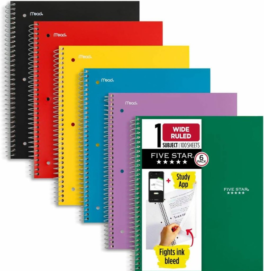 Five Star Spiral Notebook 6-Pack with Study App, 1-Subject Wide Ruled, 8x10.5 Inch, 100 Sheets Per Notebook, Ink Bleed Protection & Water Resistant Cover, Assorted Colors (38042)