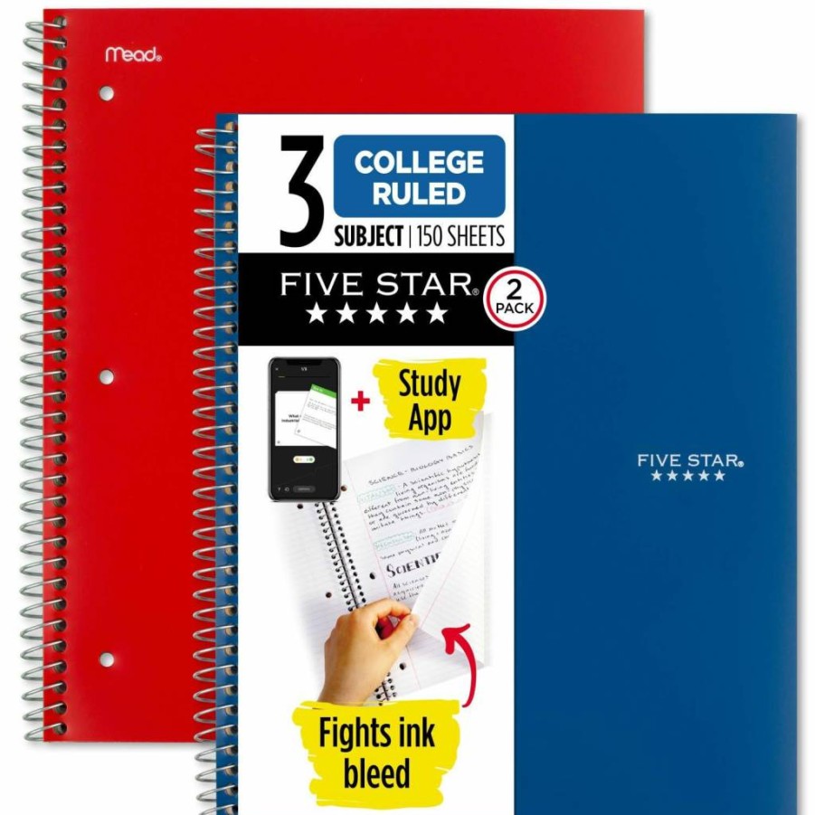 Amazon Five Star Spiral Notebook 2-Pack: 3-Subject College Ruled Paper, 11x8.5 Inch, 150 Sheets, Blue & Red, Includes Study App (38502)