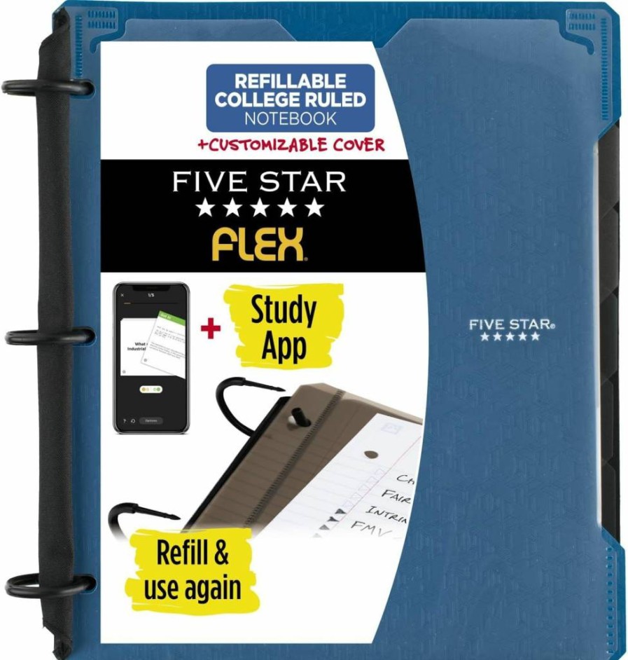 Five Star Flex Refillable Hybrid Notebinder - 1 Inch 3-Ring Binder with Customizable Cover, College Ruled 200-Sheet Notebook & Study App, Color May Vary (Model 29326)