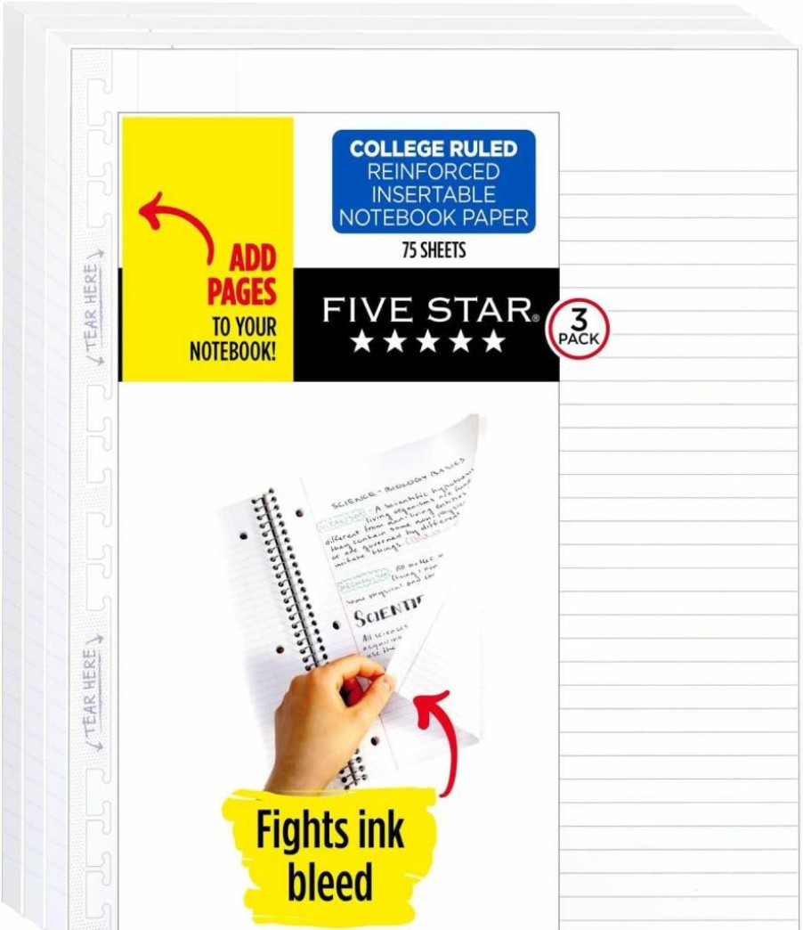 Five Star Reinforced College Ruled Loose Leaf Paper, 8.5" x 11" Filler Paper for Notebooks, 75 Sheets per Pack (17022)