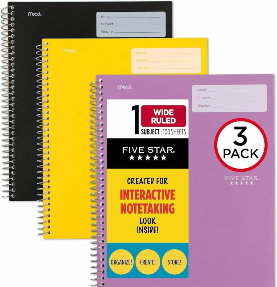 Five Star 3-Pack 1-Subject Spiral Notebooks, Wide Ruled, 11" x 8.5", 100 Sheets per Notebook, Black Purple Yellow (929985-ECM)