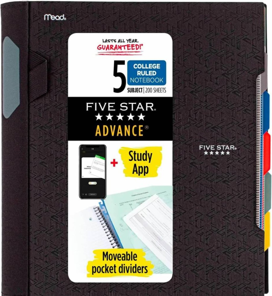 Five Star 5 Subject Spiral Notebook with Study App, College Ruled, 8.5" x 11", 200 Sheets, Spiral Guard, Movable Tabs, Black (73144)