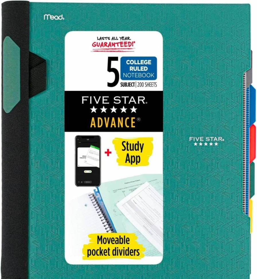 Five Star 5 Subject Spiral Notebook with Study App, College Ruled, 8.5" x 11", 200 Sheets, Spiral Guard, Movable Tabs, Pacific Blue (73150)