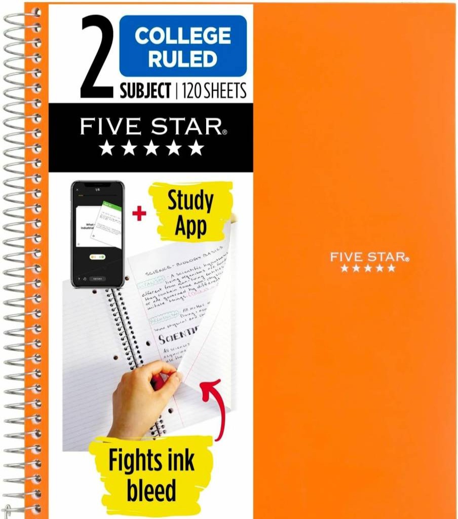 Five Star Spiral Notebook 2 Subject College Ruled, 8.5" x 11", 120 Sheets, Ink Bleed Protection, Assorted Colors (Purple, Orange, Green, Blue, Gray, Black), Includes Study App, 1 Count (824230)