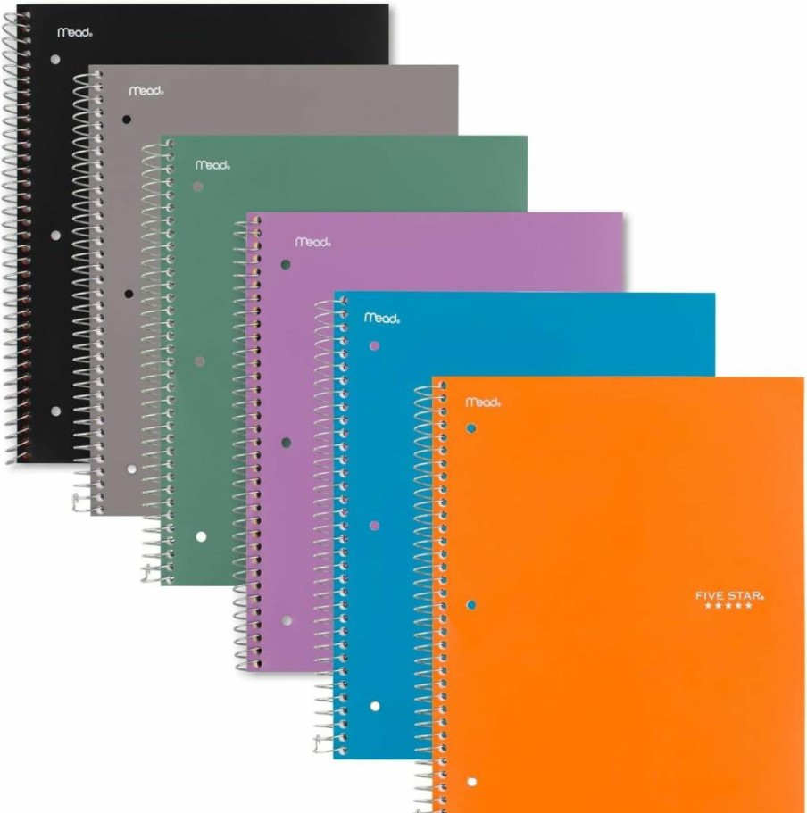 Five Star Spiral Notebook 2 Subject College Ruled, 8.5" x 11", 120 Sheets, Ink Bleed Protection, Assorted Colors (Purple, Orange, Green, Blue, Gray, Black), Includes Study App, 1 Count (824230)