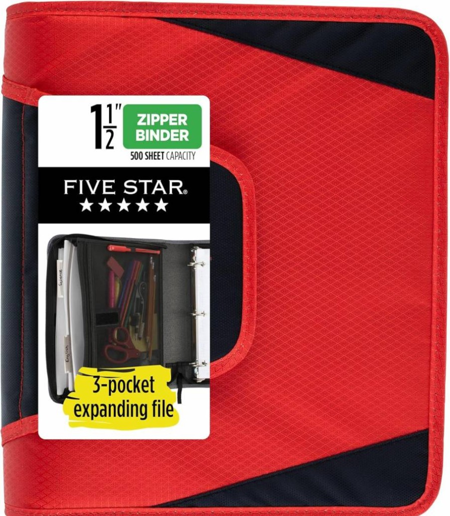 Five Star 1.5 Inch 3-Ring Binder with Round Rings, 3-Pocket Expanding File, 500 Sheet Capacity, Fire Red (Model 72206) - Durable Zipper Binder for School or Office