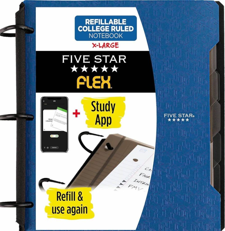 Five Star Flex Refillable Notebook with Study App, 1.5-Inch Techlock Binder, College Ruled Paper, 300 Sheet Capacity, Includes Pockets, Tabs & Dividers, Black (29324Aa2)