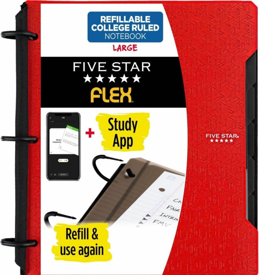 Five Star Flex Refillable Notebook with Study App - College Ruled 1-Inch Binder, 200 Sheets, Fire Red, Includes Pockets, Tabs & Dividers (29328AB2)
