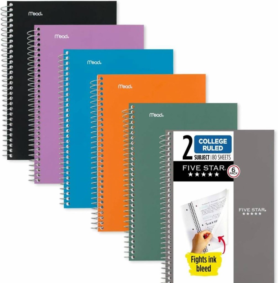 Five Star Spiral Notebook 6-Pack, 2-Subject College Ruled, 9.5" x 6", 80 Sheets per Notebook, Assorted Colors (Amethyst Purple, Sedona Orange, Seaglass Green, Tidewater Blue, Gray, Black) - 840029A-ECM
