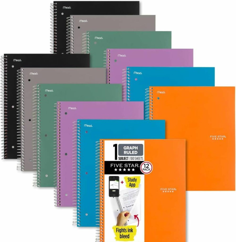 Five Star Spiral Notebook 12 Pack, 1 Subject Graph Paper, 8.5" x 11", 100 Sheets per Notebook, 6 Colors - Purple, Orange, Green, Blue, Gray, Black, Includes Study App (38630)