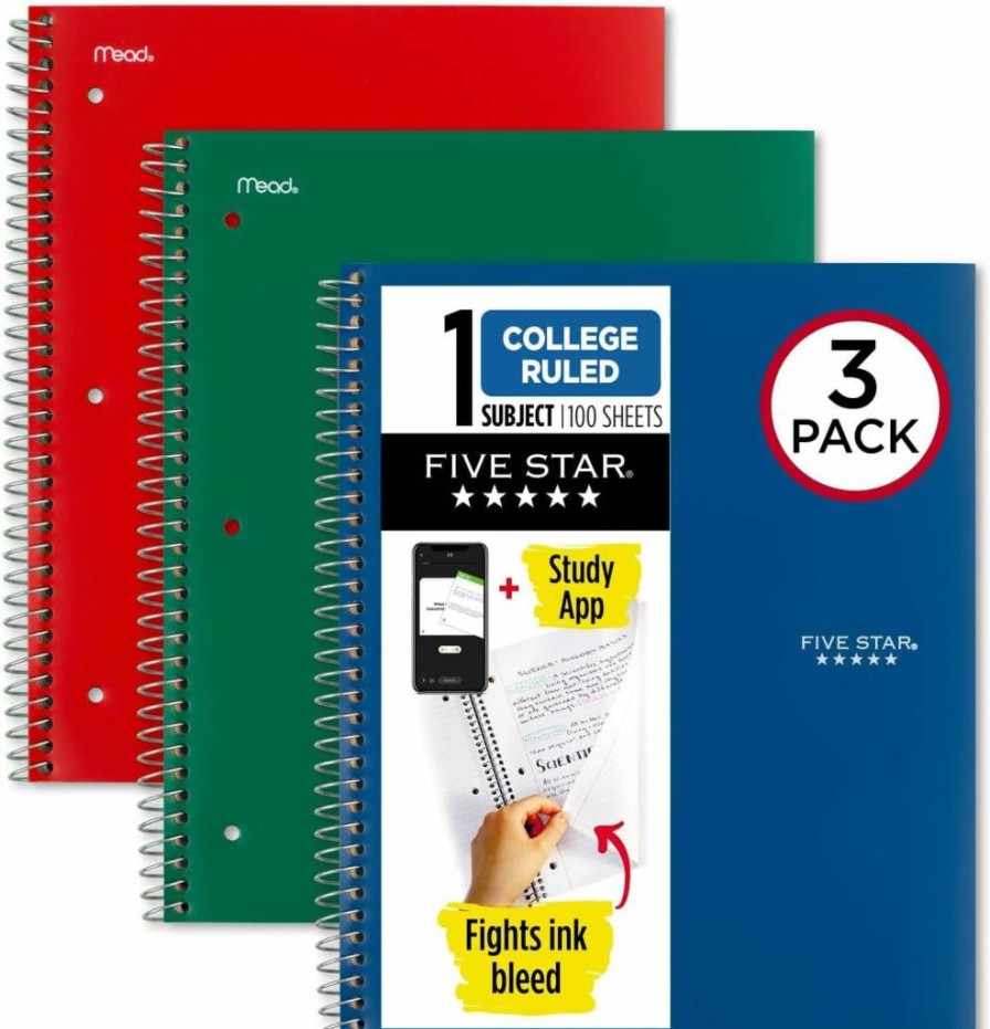 Five Star Spiral Notebook 3-Pack, 1-Subject College Ruled Paper, 100 Sheets per Notebook, 11 x 8.5 Inches, 3 Colors (Forest Green, Fire Red, Pacific Blue) with Free Study App