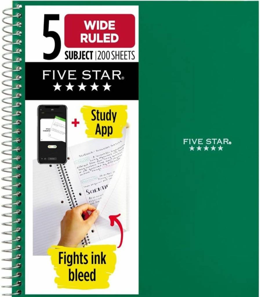 Five Star Spiral Notebook 5 Subject, 8" x 10.5" Wide Ruled 200 Sheets, Ink Bleed Resistant & Water Resistant Cover, Amethyst Purple with Free Study App (38739)