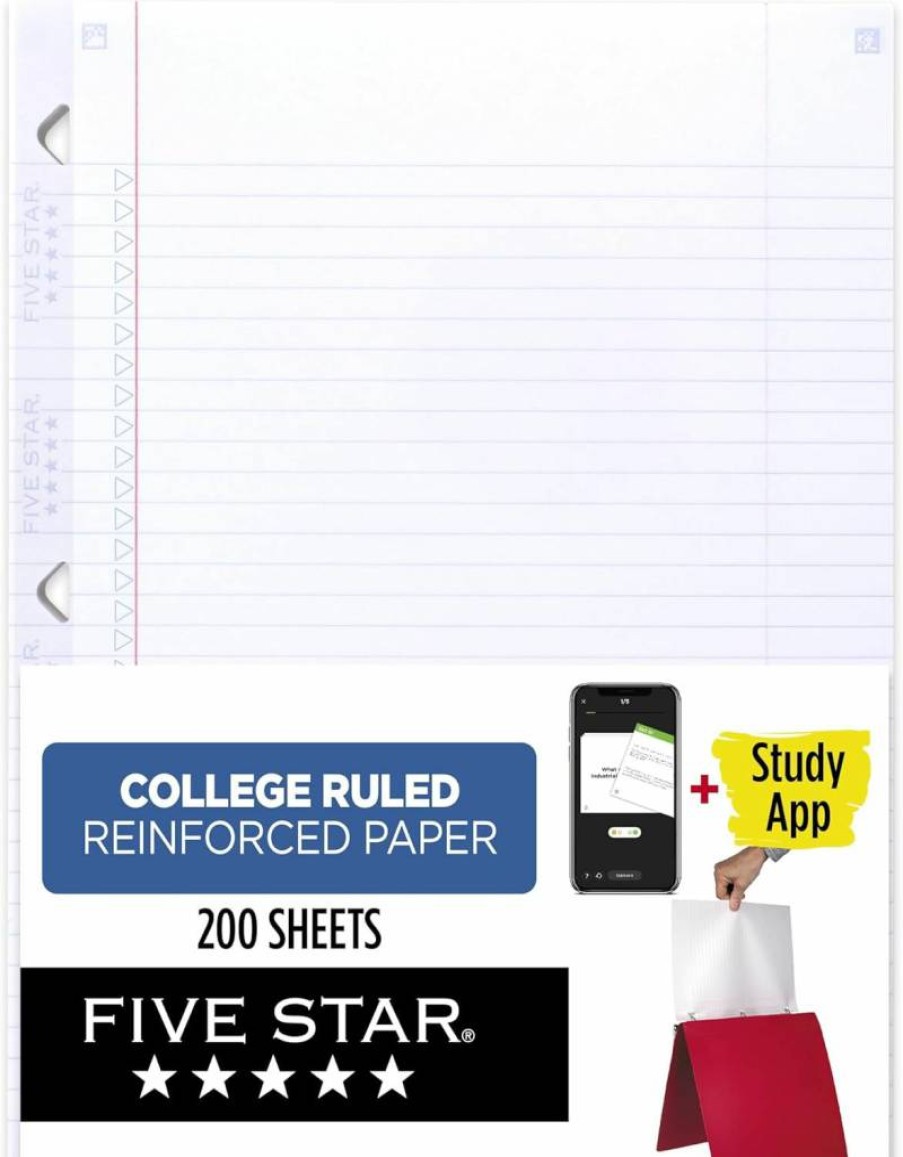 Five Star Reinforced College Ruled Loose Leaf Paper - 8.5" x 11", 80 Sheets, Anti-Bleed Design with Free Study App (170102)
