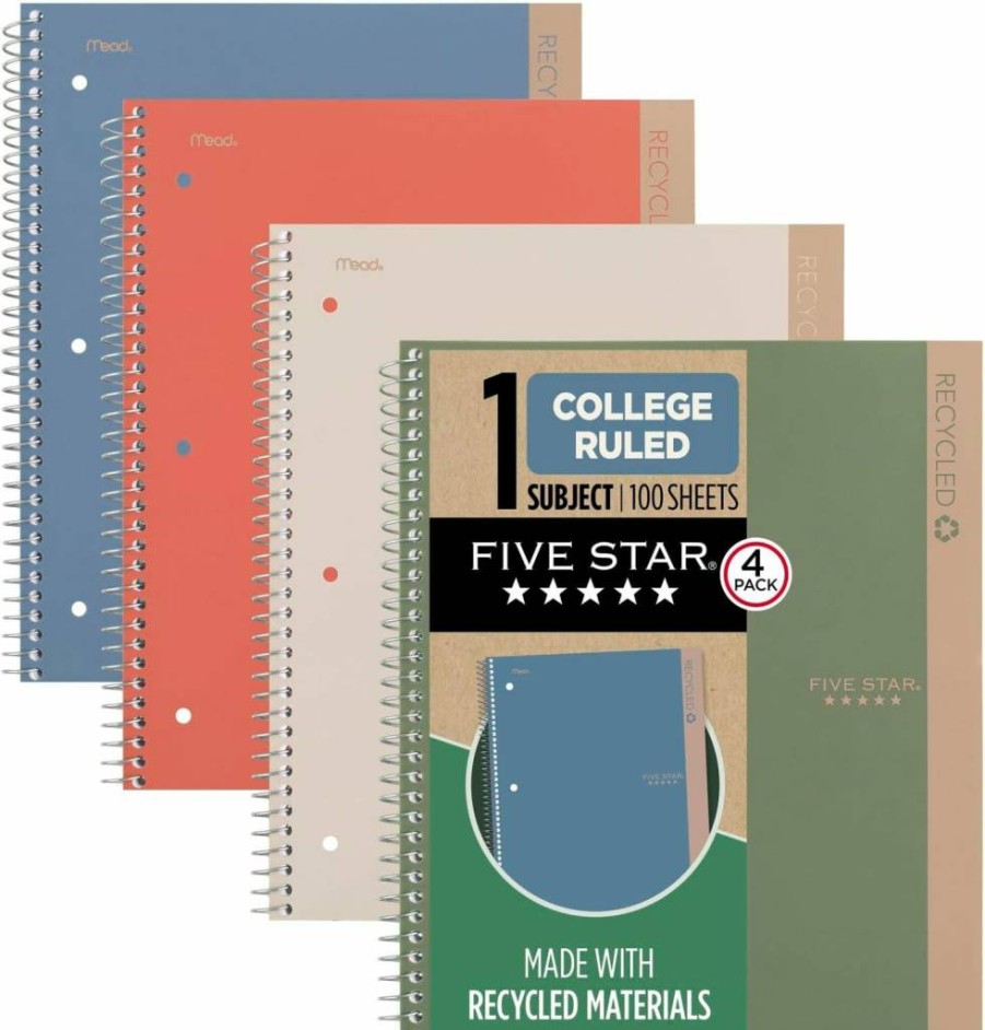 Five Star Spiral Notebook 4-Pack with Study App, 1-Subject College Ruled Paper, 8.5" x 11" 100 Sheets, Recycled Cover (Zion Clay, Olympic Green, Glacier Blue, Smoky Gray)