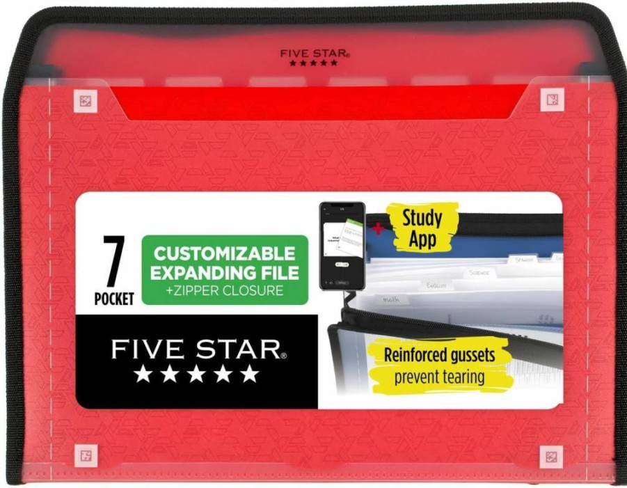 Five Star 7-Pocket Expanding File Organizer with Zipper Closure, Study App Included, Holds Letter Size Documents, Fire Red (350099D-Ecm)